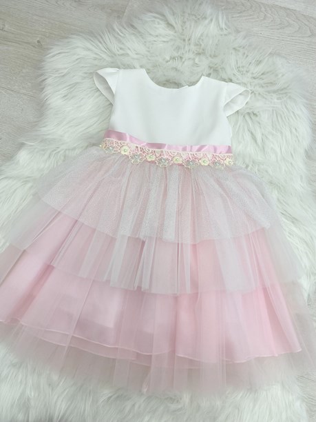 Sukienka dziecięca tiul falbany brokat biel/róż