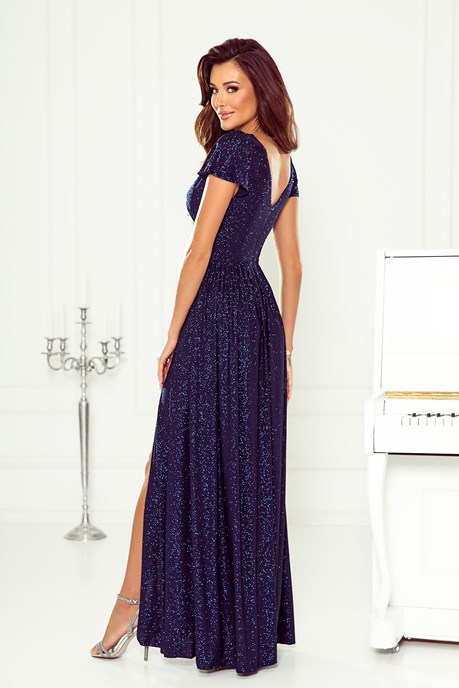 Sukienka długa brokat rękaw granat