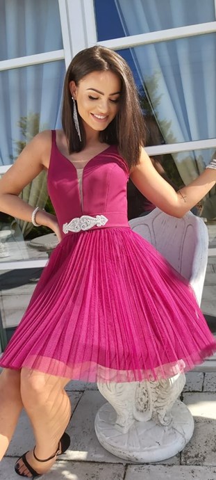 Sukienka krótka ramiączka plisowana bordo