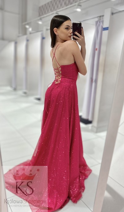 Sukienka długa gorset wiązanie plecy brokat fuksja