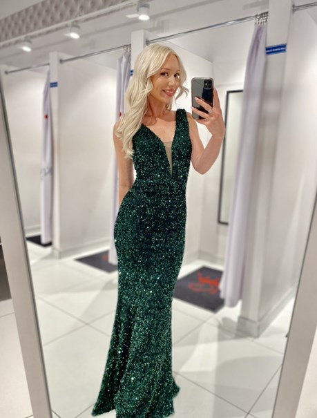 Sukienka długa syrena głęboki dekolt cekiny zieleń