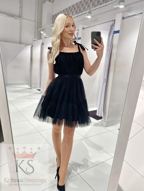 Sukienka krótka tiul wiązane ramiączka czerń
