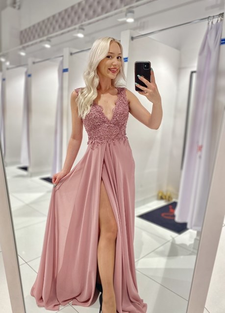 Sukienka długa koronkowa góra wrzos