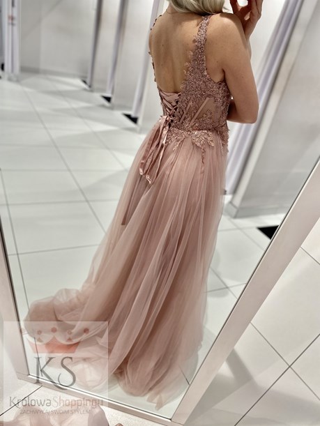 Sukienka długa tiulowa gorset koronka róż