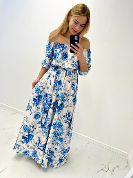 Sukienka długa długi rękaw kwiaty biel/niebieski