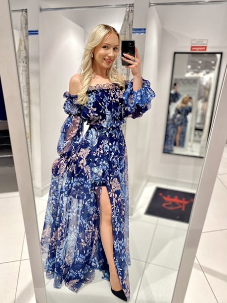 Sukienka asymetryczna hiszpanka kwiaty granat