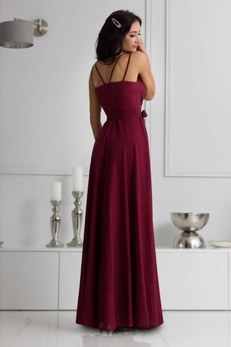 Sukienka długa na ramiączkach brokat bordo