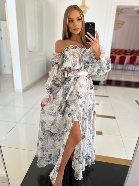 Sukienka długa hiszpanka rękaw kwiaty popiel