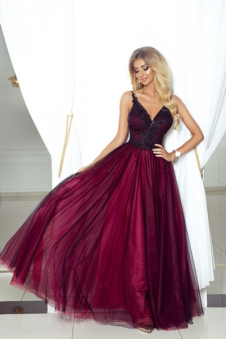 Sukienka długa tiulowa na ramiączkach bordo-czarny