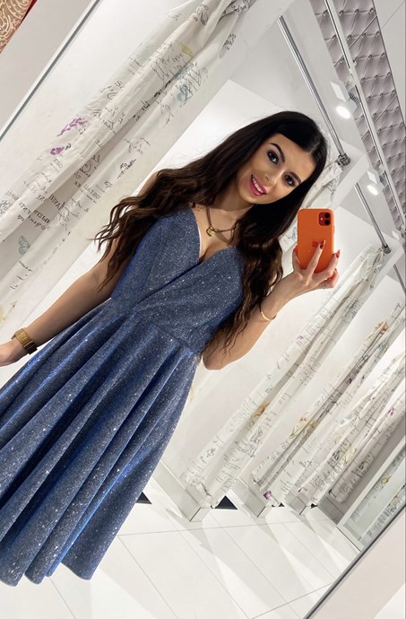 Sukienka krótka ramiączka dekolt brokat grafit