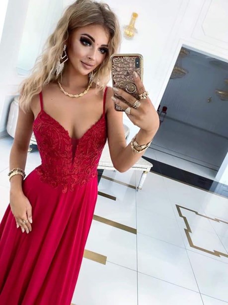 Sukienka długa tiul zdobienie listki bordo