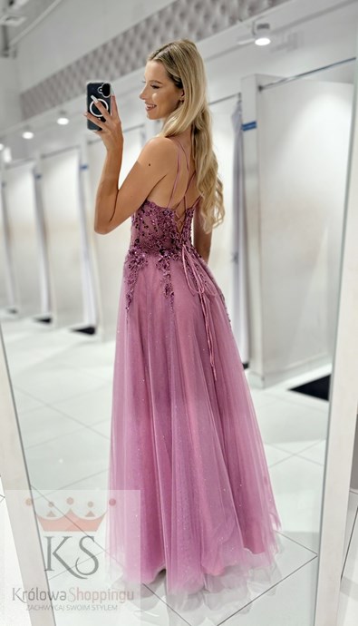 Sukienka długa gorset tiul brokat jagoda