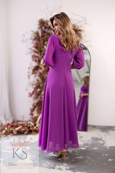 Sukienka długa rękaw pas fiolet