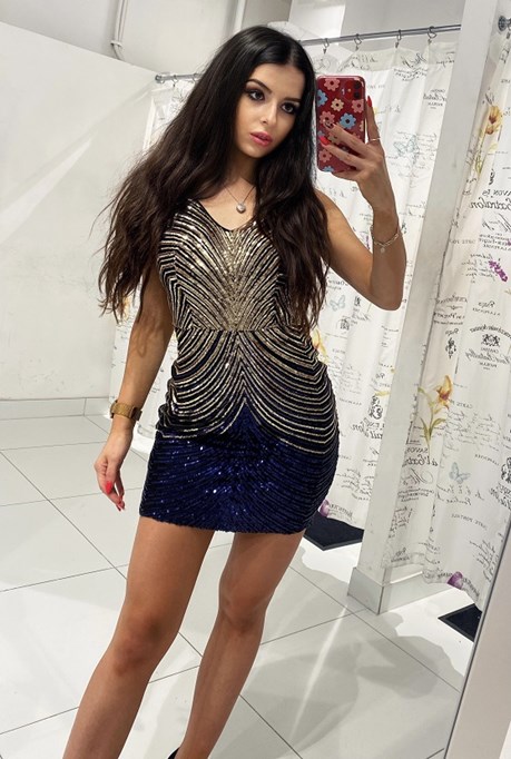 Sukienka krótka dopasowana cekiny złoto/granat