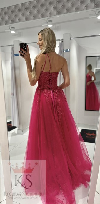 Sukienka długa asymetria tiul brokat fuksja