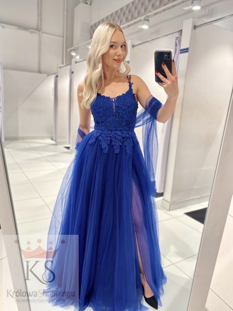 Sukienka długa tiulowa ramiączka koronka granat
