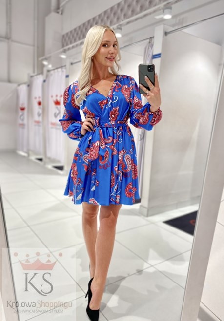 Sukienka krótka koszulowa rękaw wzór chaber