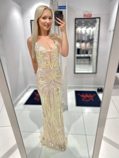 Sukienka długa ramiączka cekin siatka wanilia