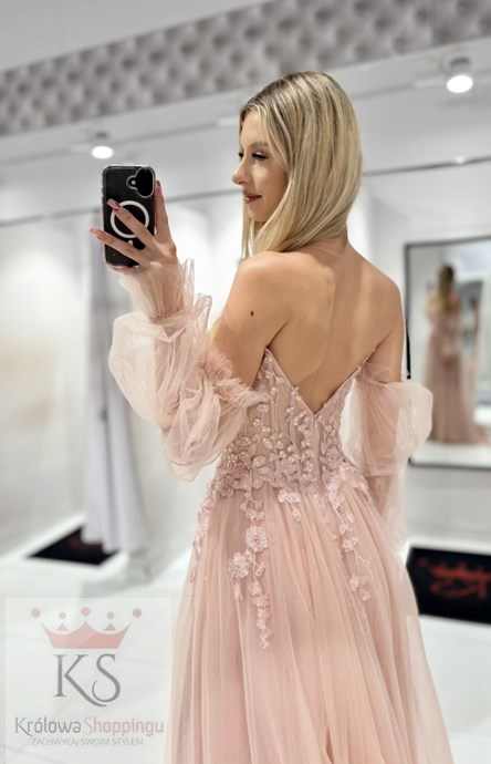 Sukienka długa rękawki gorset tiul brokat róż