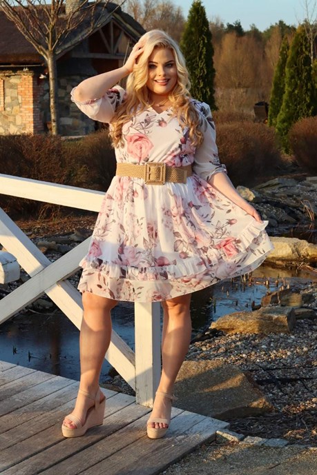 Sukienka krótka długi rękaw ściągacz kwiaty róż