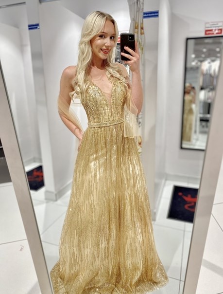 Sukienka długa wiązanie brokat kryształki złoto