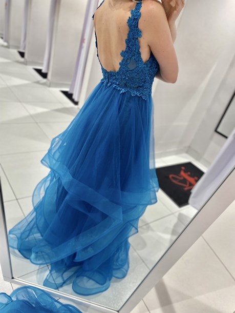 Sukienka długa koronkowa góra tiul turkus