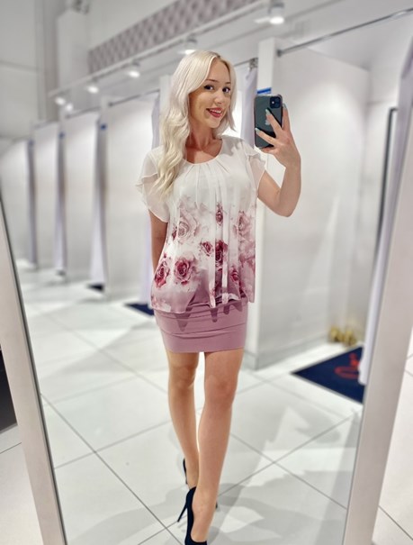 Sukienka krótka pasy dół kwiaty rękawek róż/biel