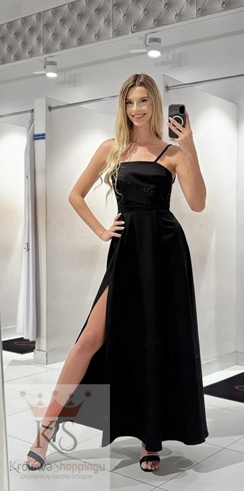 Sukienka długa rozkloszowana wiązanie czerń