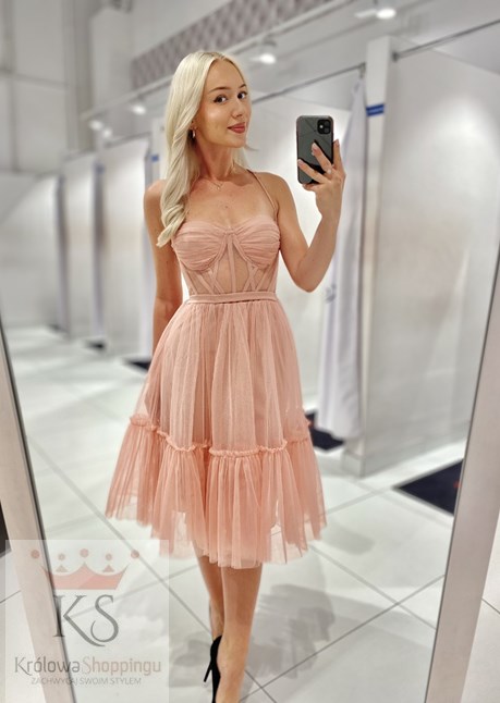 Sukienka midi ramiączka gorset tiul morela