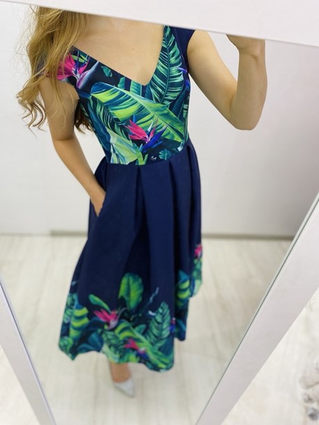 Sukienka midi rozkloszowana liście granat/zieleń