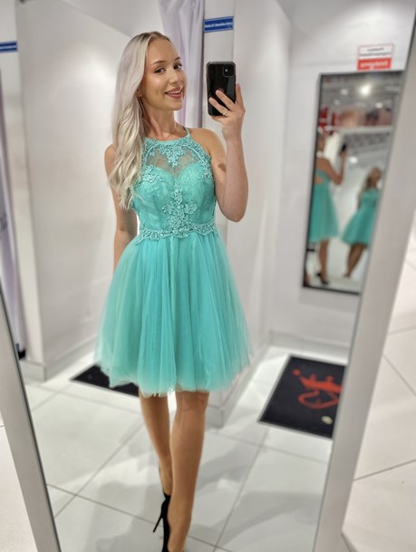 Sukienka krótka tiul zabudowany dekolt mięta