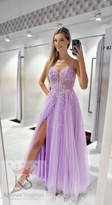 Sukienka długa gorset kwiaty haft brokat lila