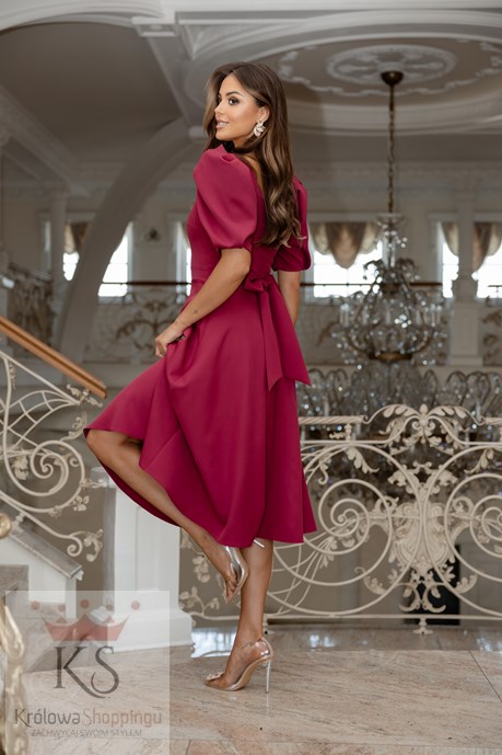 Sukienka midi 3/4 rękawek wiązanie plecy bordo