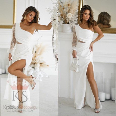 Sukienka długa asymetryczny rękaw biel