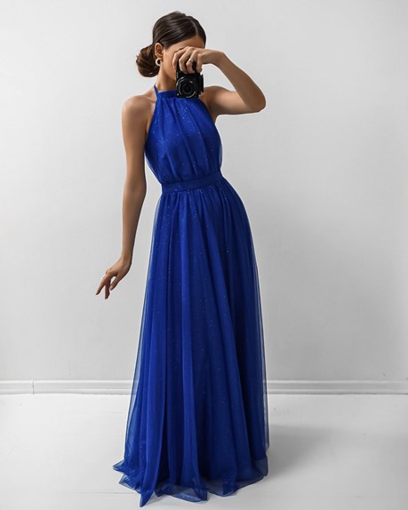 Sukienka długa wiązanie szyja tiul brokat chaber