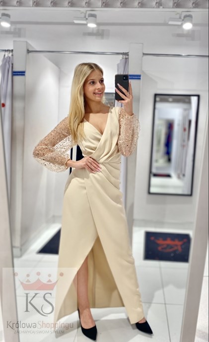 Sukienka długa ozdobne rękawy beż