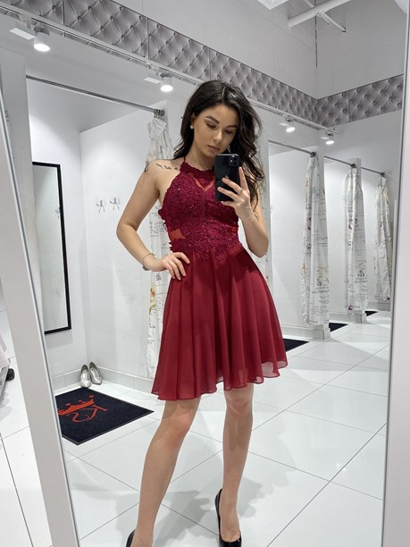 Sukienka krótka ramiączka na krzyż wiśnia