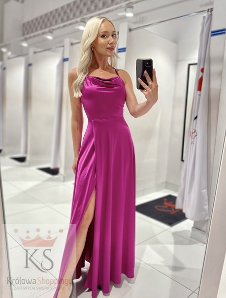 Sukienka długa satynowa wiązanie szyja fuksja