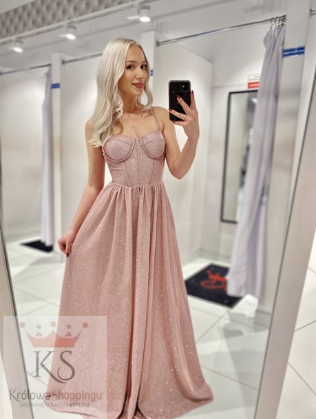 Sukienka długa gorsetowa na ramiączkach róż