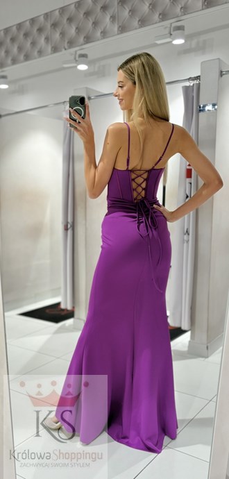 Sukienka długa wiązanie gorset koraliki fiolet