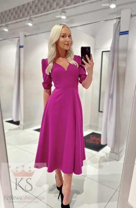 Sukienka midi rękawek 3/4 pas wiązanie śliwka