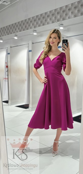 Sukienka midi rękawek 3/4 pas wiązanie fuksja