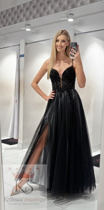 Sukienka długa tiul gorset ozdoby brokat cz/srebro