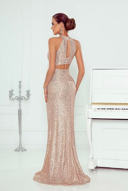 Sukienka długa dekolt z siateczką cekiny miedź