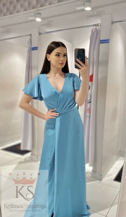 Sukienka długa rękawek pasek koraliki morski