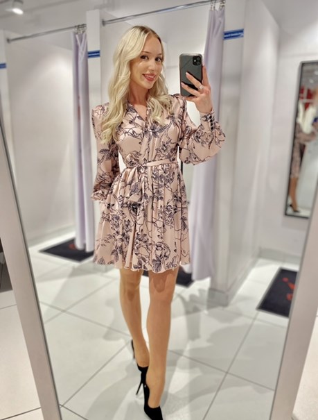 Sukienka krótka koszulowa rękaw print beż