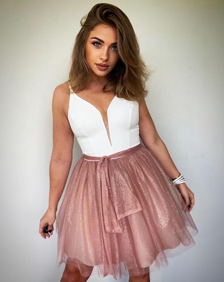 Sukienka krótka ramiączka tiul brokat biel/morela