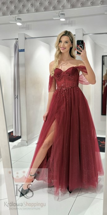 Sukienka długa gorset opadające rękawki tiul bordo