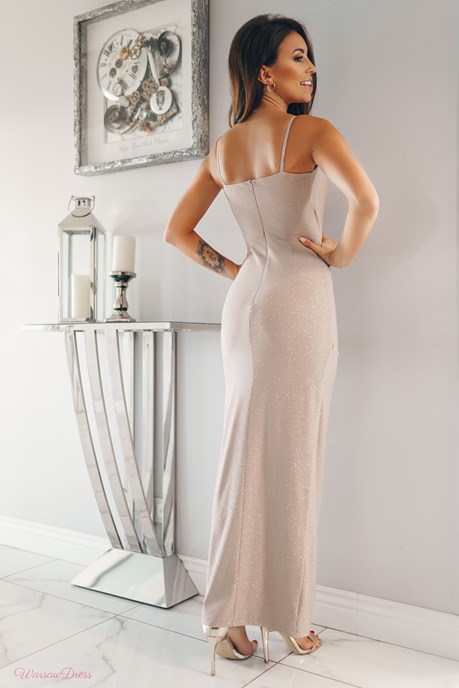 Sukienka długa ramiączka zamek błyszcząca złoto