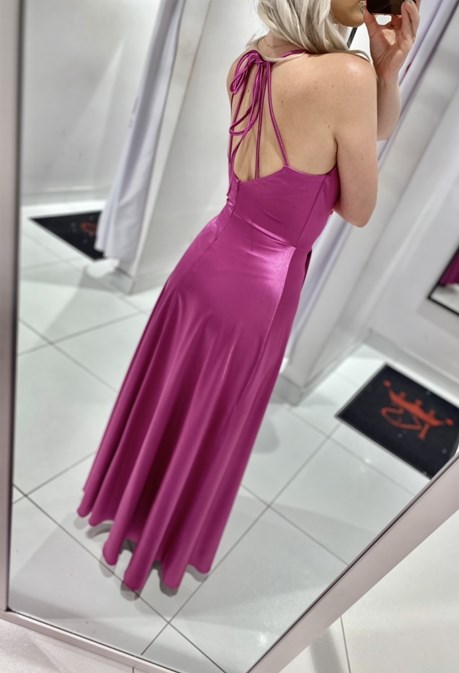 Sukienka długa satynowa wiązanie szyja mocny róż